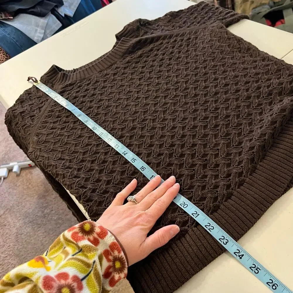 LOFT Cotton Chocolate Brown Chunky Woven Knit Crewneck Sweater Size Large